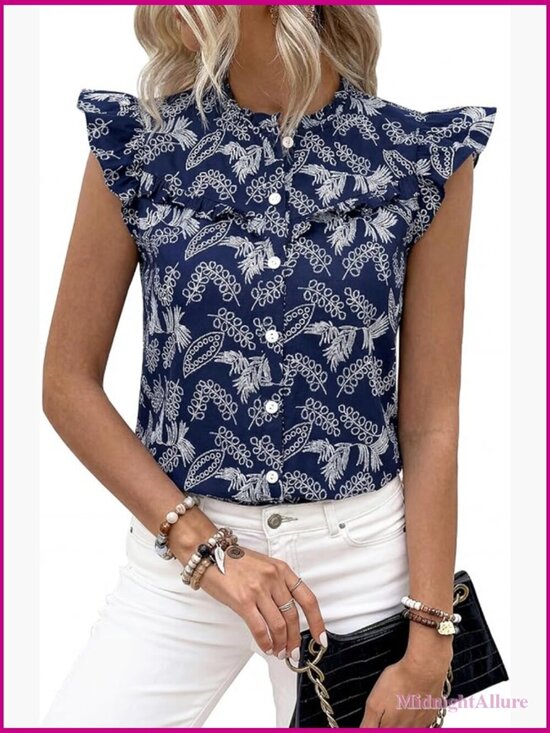 Tops - Ruffle Cap Sleeve V Neck Floral Blouse Button Down Work Shirt Summer Tops